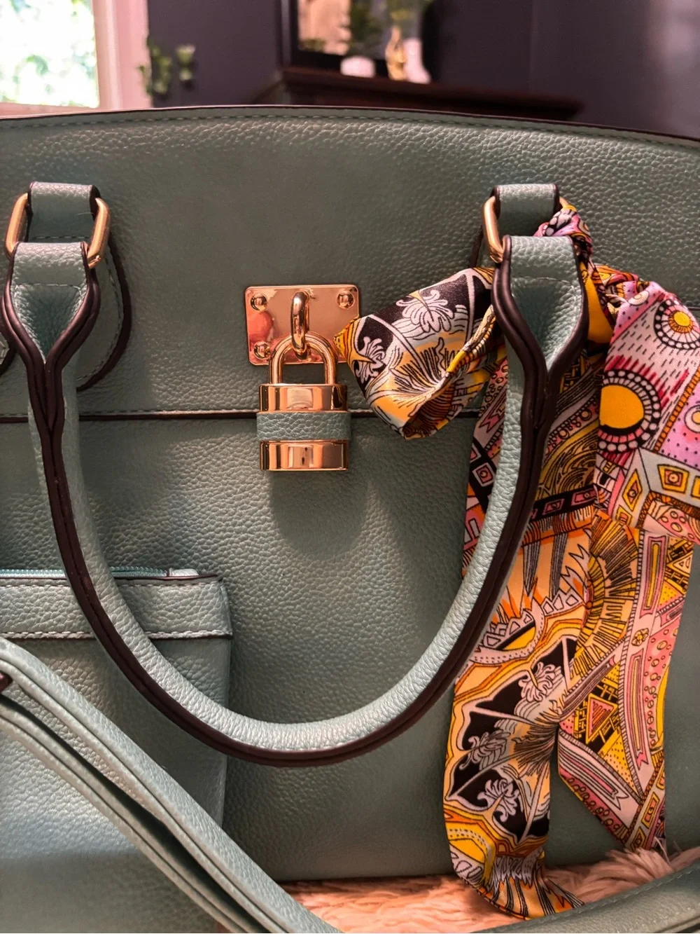 Teal Structured Tote with Matching Wristlet and Scarf